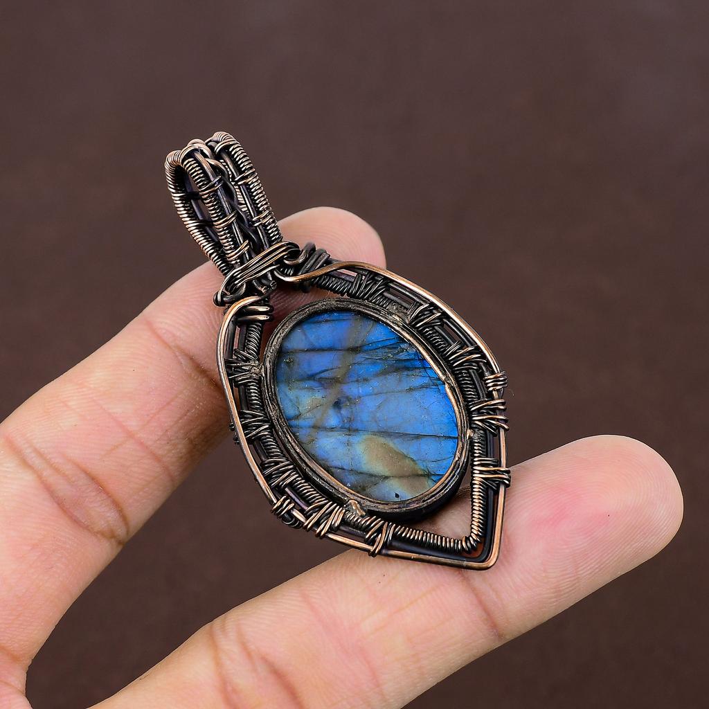 Natural Labradorite Gemstone Handmade Copper Wire Wrap Pendant 2.68" g2f98