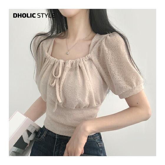 Women s Tops Puff Sleeve Cropped Slim Slender Ribbon Sheer Plain Girly Spring Summer SSLILI Korean Fashion