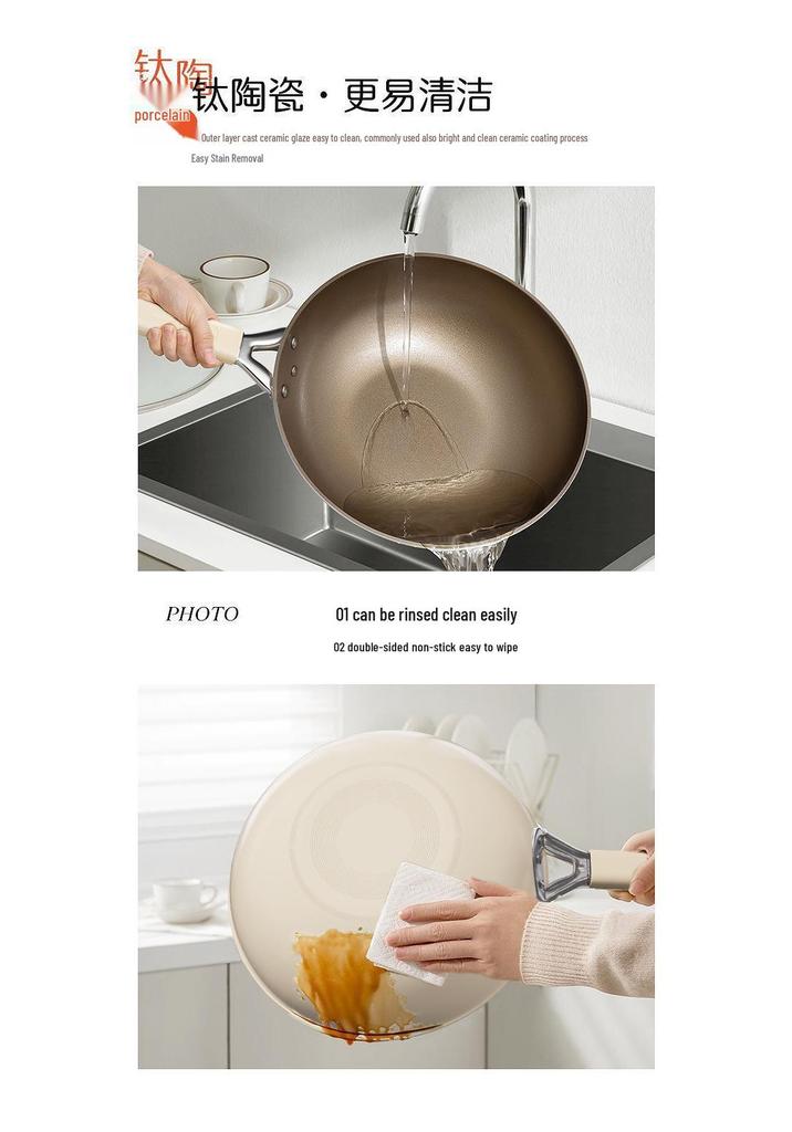 Titanium Ceramic Flat-Bottomed Non-Stick Stir-Fry Pan, Milk White, Wear-Resistant and Scratch-Resistant for Kitchen Use