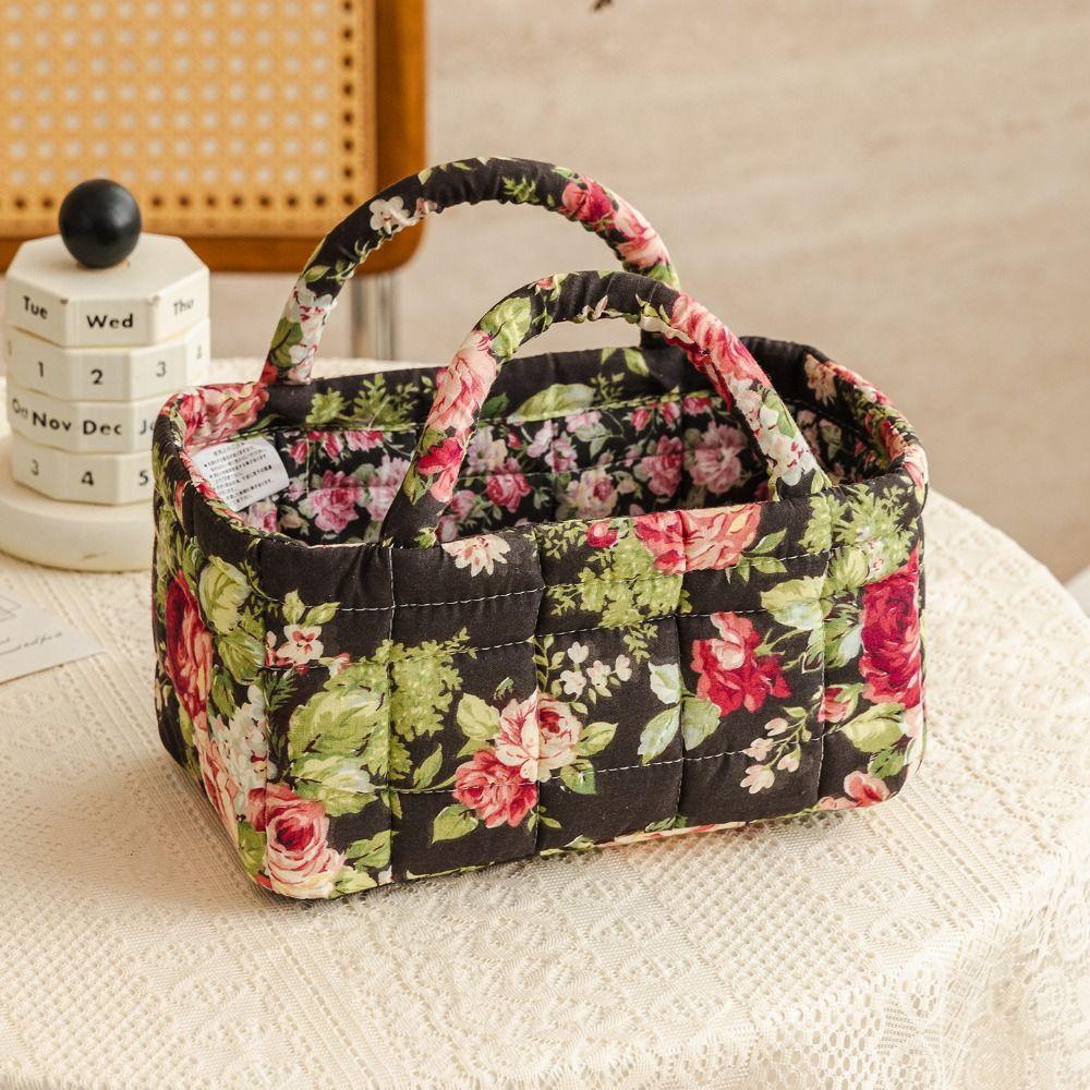 Floral Pattern Storage Basket Foldable Design Large Capacity Shopper Bag with Easy Carry Handles Quilted Fabric
