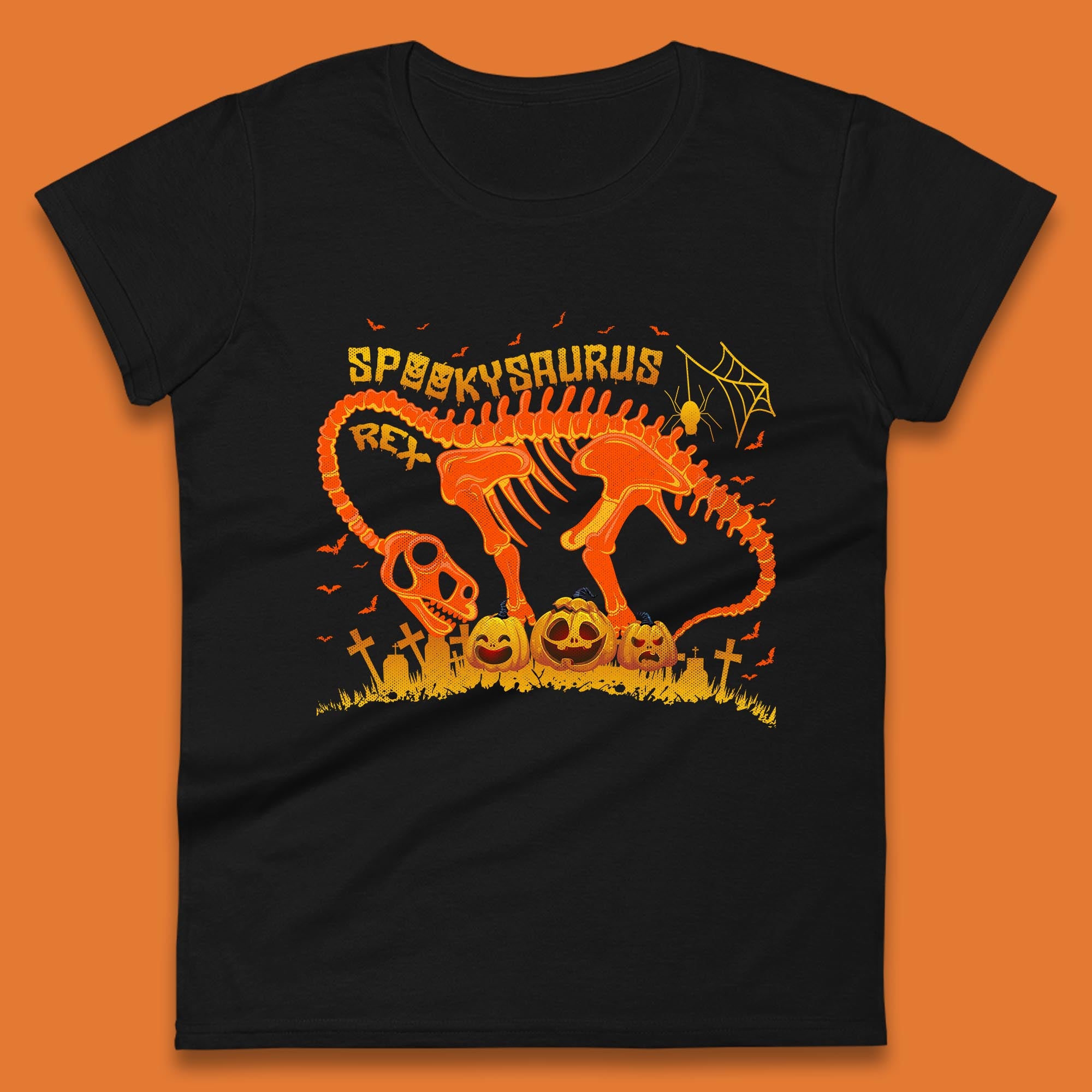 Spooky Saurus Rex Halloween Dinosaur T-Rex Skeleton With Scary Pumpkins Womens Tee T Shirt Mens Tops Unisex Top 4XL