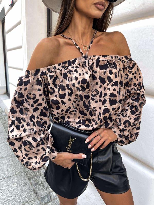 2024 Leopard Print Off-the-Shoulder Autumn Top