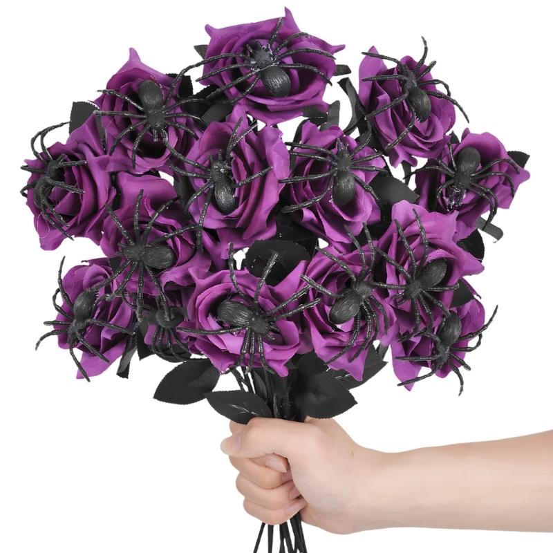 Silk Black Spiders Rose Bouquets Flexible Stalk Floral Arrangement Decoration For Halloween Weddings Event