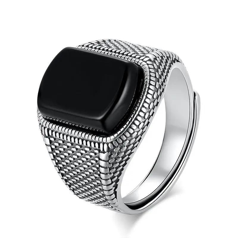 Neuer Fortschrittlicher Kreativer Geometrischer Diamantbesetzter Schwarzer Achat Edelstein Herren Damen Dominant Übertrieben Verstellbarer Ring