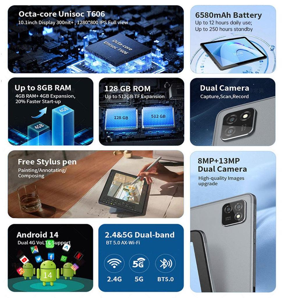 G-tab T11 Android 14 Tablet, 10.1 inch 1280*800 IPS Screen, Unisoc T606 8 Core Max 1.6GHz, 8GB RAM (4GB +4GB Expansion) 128GB ROM