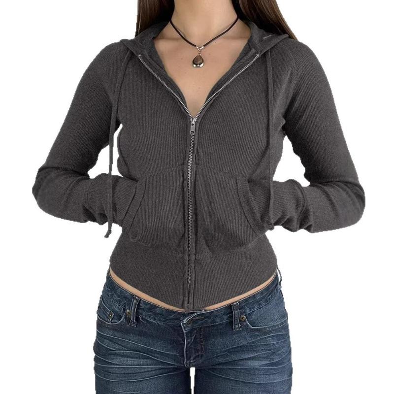 Gray Street Style Zip Up Hooded Sweatshirt Slim Fit Women S Casual Top