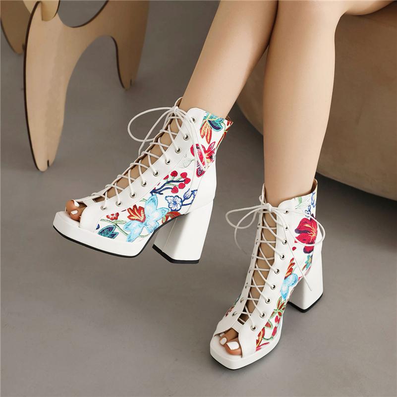 FOREADA Women Sandals Peep Toe Thick High Heels Platform Embroider Lace-up Comfort Boots Ladies Fashion Shoes Summer Balck 46