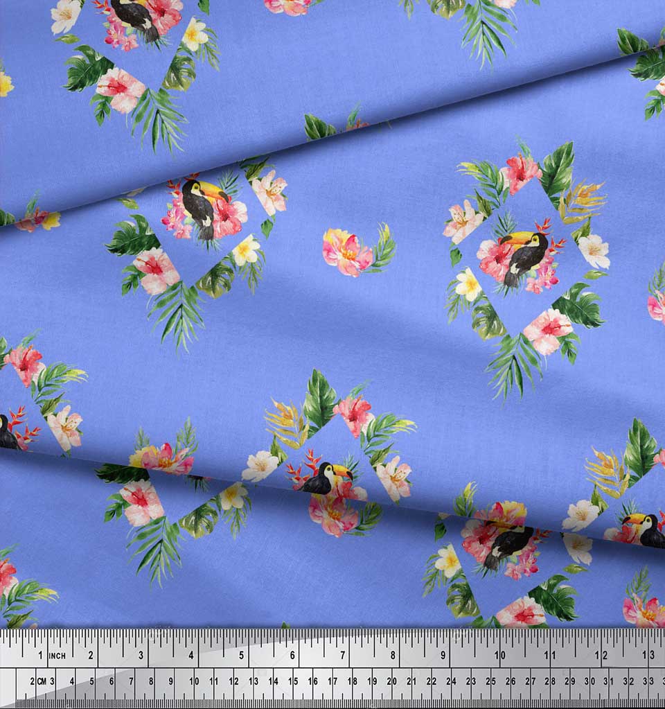 Soimoi Blue Poly Crepe Satin Fabric Bird & Floral Print Print Fabric by the Metre 42 Inch