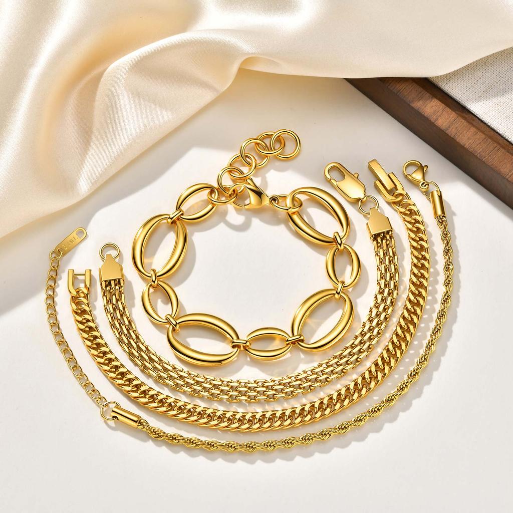 Minimalist Stackable Chain Bracelet for Women, 18K Gold Plated Stainless Steel, Waterproof Non Tarnish Dainty Jewelry Gift