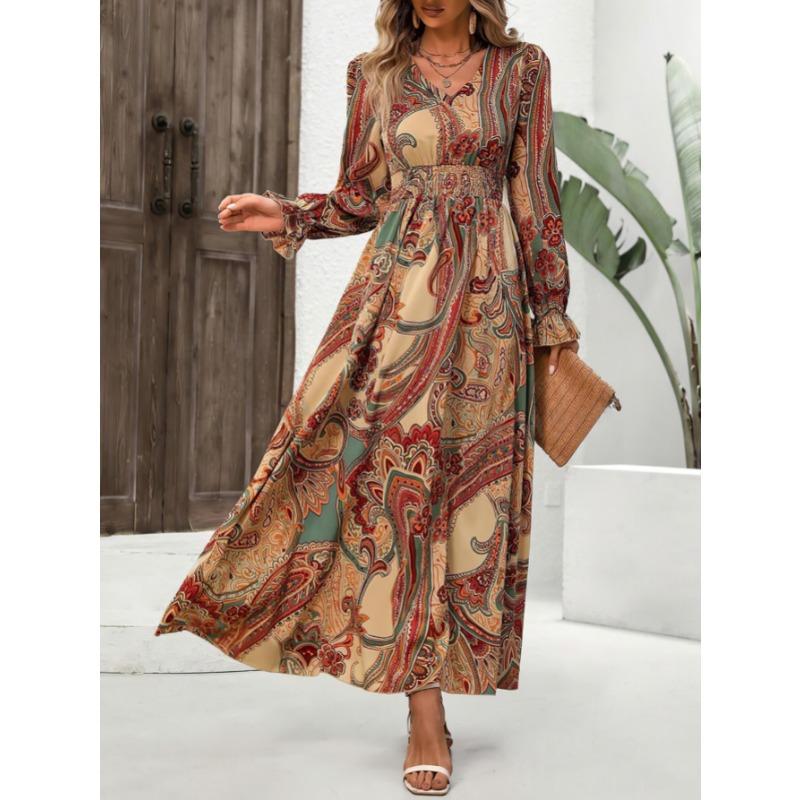 Fashion V-neck Long Sleeve Printed Loose Women Dress Spring Autumn Elegant A-line Party Long Versatile Dress Slim Fit Holiday Women's Clothing