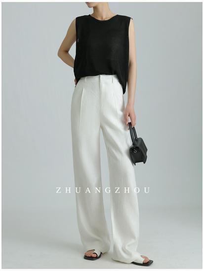 2026 Summer High-Waisted Wide-Leg Cotton Linen Pants White Casual Old Money Style Women