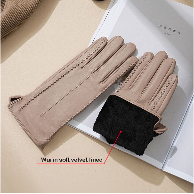 Winter Genuine Sheepskin Leather Gloves Women Warm Velvet Lined  Touchscreen Outdoor Cycling Driving Motorcycle Gloves