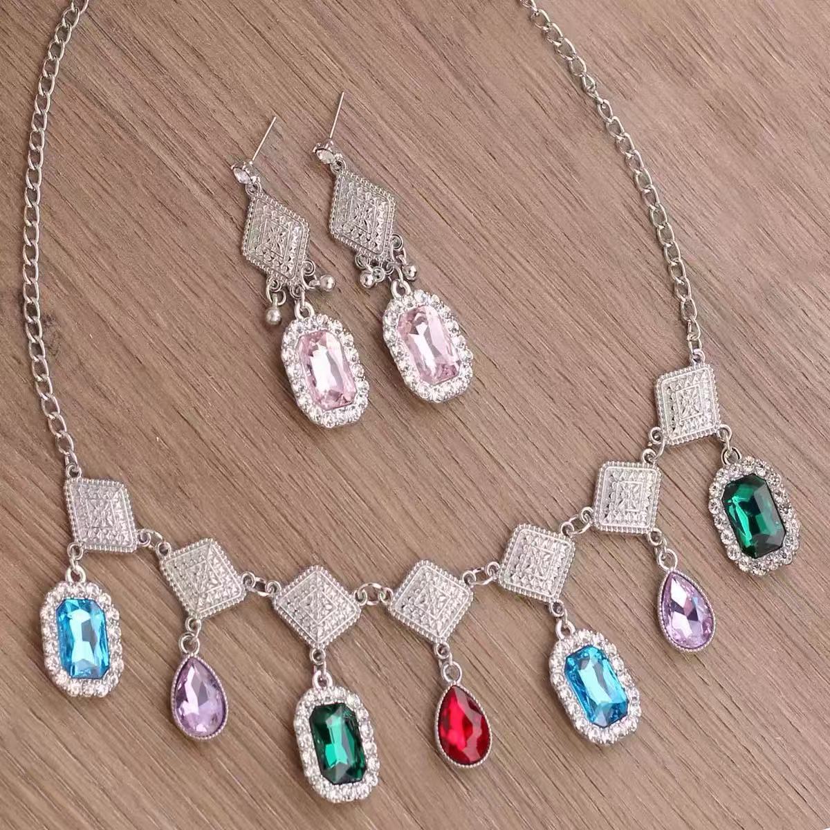 Fashion Square Water Drop Gemstone Necklace and Earrings Set for Women , Elegant Daily Office Party Jewelry multicolor