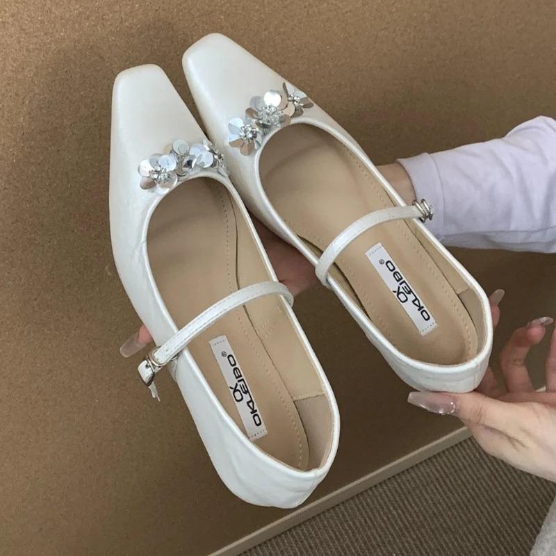 Silver Flower Embellished Mary Jane Shoes Women Fashion Square Toe Shallow Buckle Designer Shoes Comfortable Office Dress Shoes