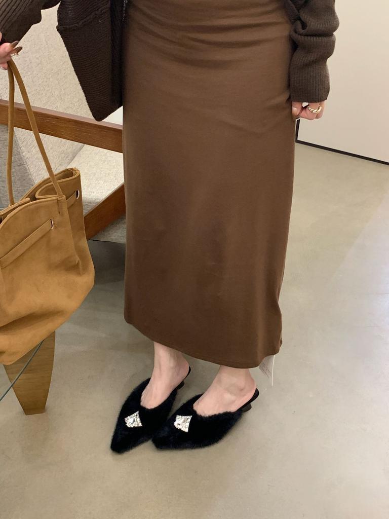 2025 fluffy high-heeled slippers women wear small rhinestones design sense lamb wool French wedge heel plush bag head half slippers