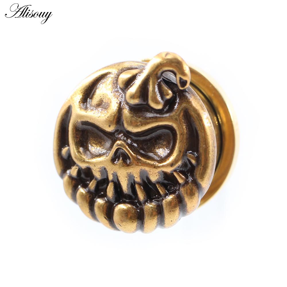 Alisouy 2 buc din oțel inoxidabil craniu de dovleac de Halloween tuneluri pentru urechi dopuri expansor targă cercei piercing bijuterii pentru corp