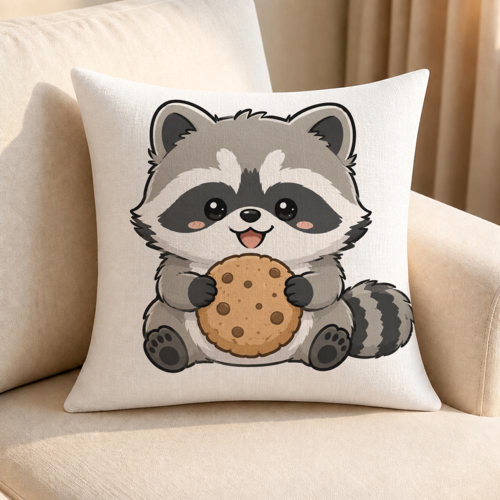 Character Cute Little Raccoon Cushion Cover Linen AntiMite Antibacterial Cushion Cover Invisible Zipper Sofa Decor