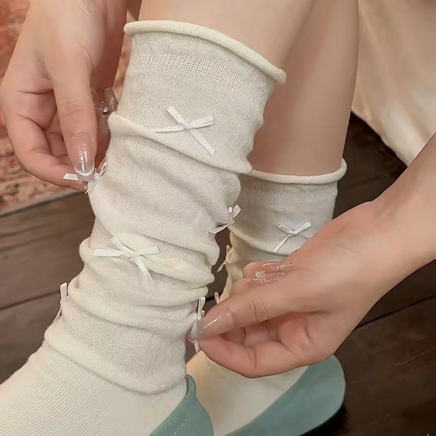 Ballet Style Bow Jk Lolita Socks Women Over Knee White Summer Calf Socks Piled Socks Pure Boneless Socks