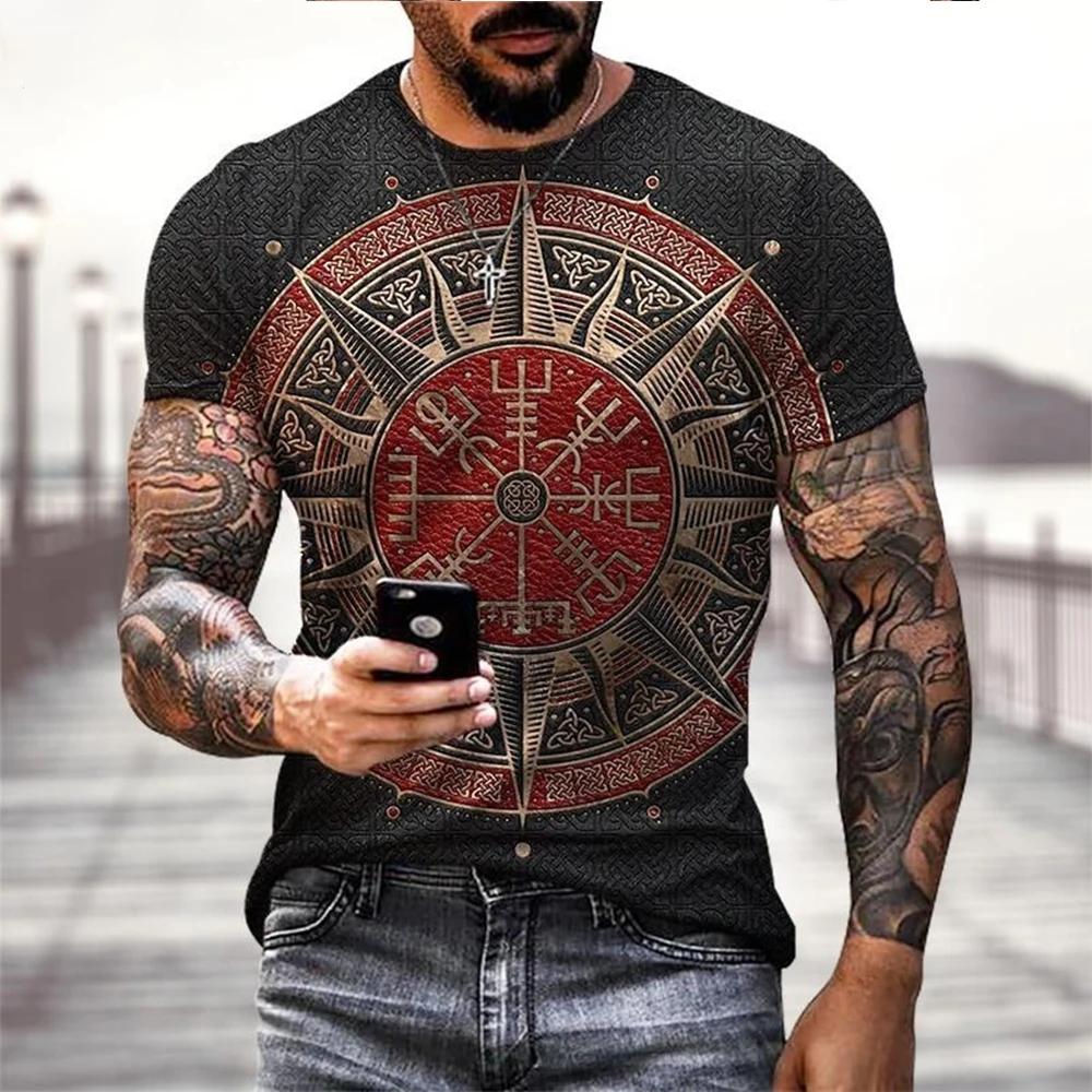 Viking Tattoo 3D Printed T-shirt Men's Fashion Street Hip Hop Viking Pattern Short Sleeve Top Fun T-shirt Summer