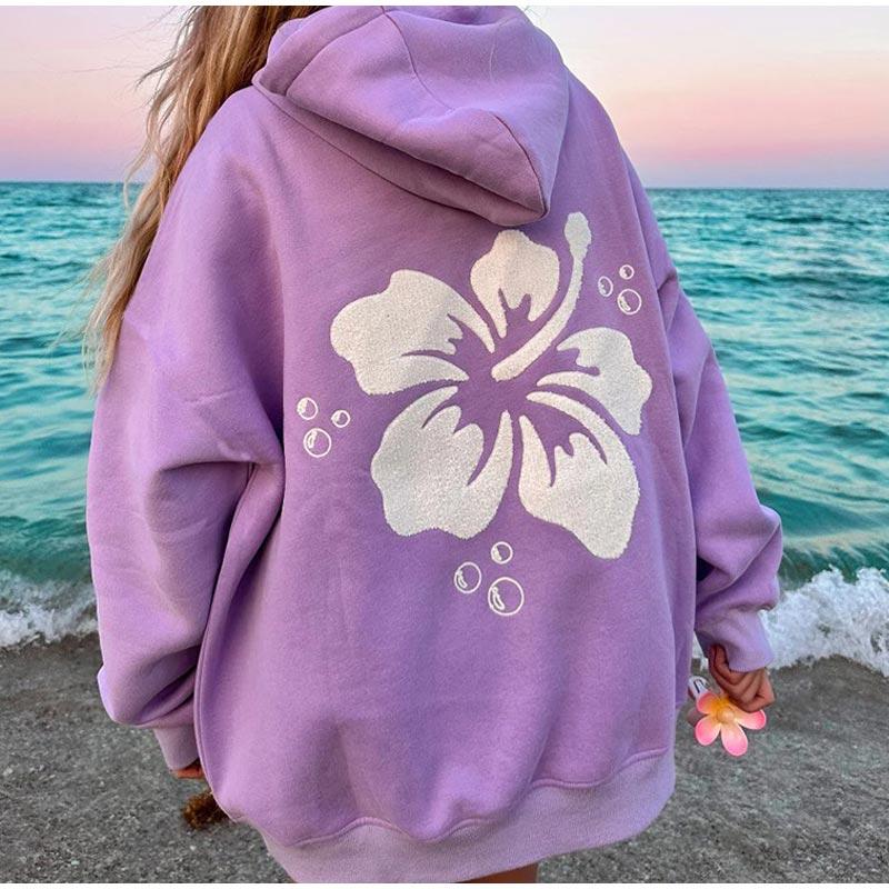 Kvinner Tykk Langermet Høst og Vinter O-Hals Hettegenser Vintage Blomsterprint Mote Løse Sweatshirts med Lomme