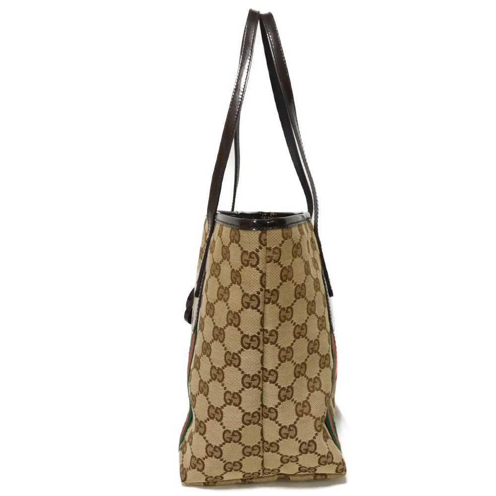 Used 9539 Web Stripe Tote 211971 7924 Patent Enamel Green Red Brown GG Canvas Beige Women's from Japan AUTHENTIC