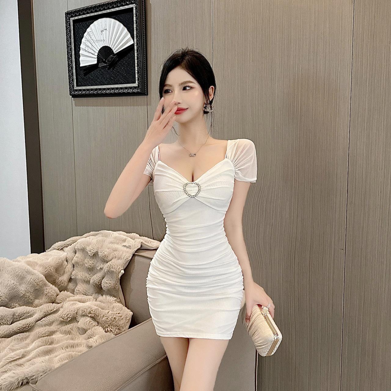 Sexy one-word collar mesh shoulder sleeves off-the-shoulder tight body hip-wrapped bottom short suspender dress new S белый