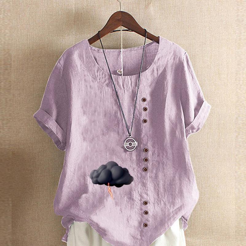 Women's Fashion Round Neck Short Sleeve T-shirt Casual Cotton Linen Graphic Shirt Leisure Loose Dark Clouds Prined Summer Blouse Tops
