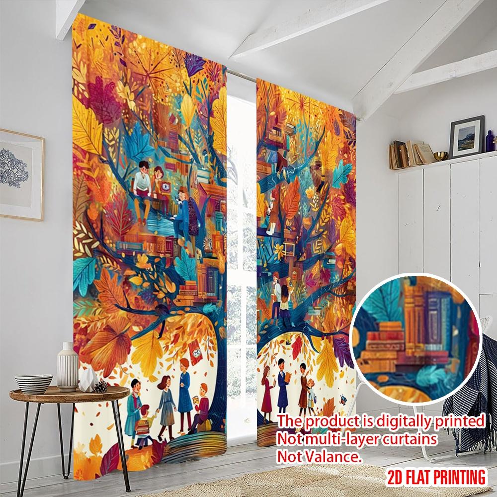 2pcs,2D Plane Printing Curtain Fabric People Reading Books Under The Colorful Durable Polyester (without Rod) All Seasons