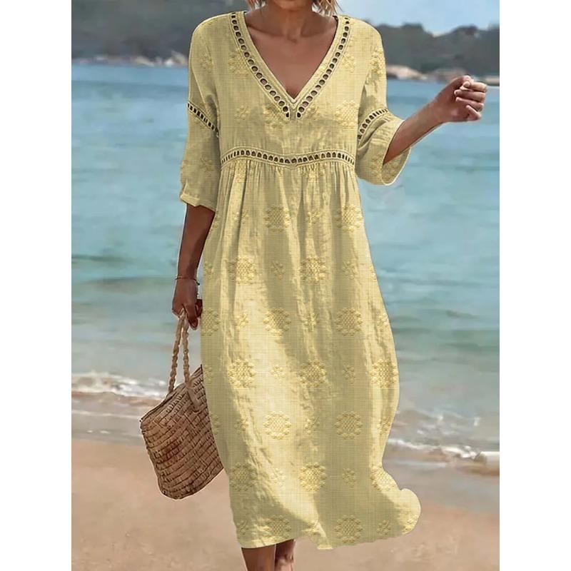 QICED Fashion Summer Spring Short Sleeve V-Neck Casual Dresses