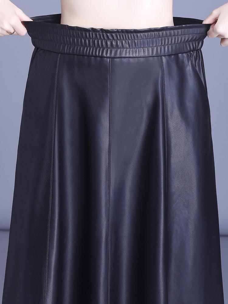 Women's Genuine Leather High Waist Midi Skirt - Autumn 2025 A-line Lambskin Umbrella Skirt