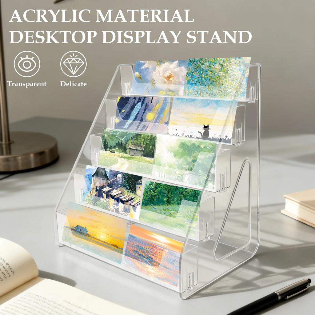 5 Tiers Greeting Card Display Stand Transparent Acrylic Sticker Holder Desktop Bookmark Brochure Magazines Journals Storage