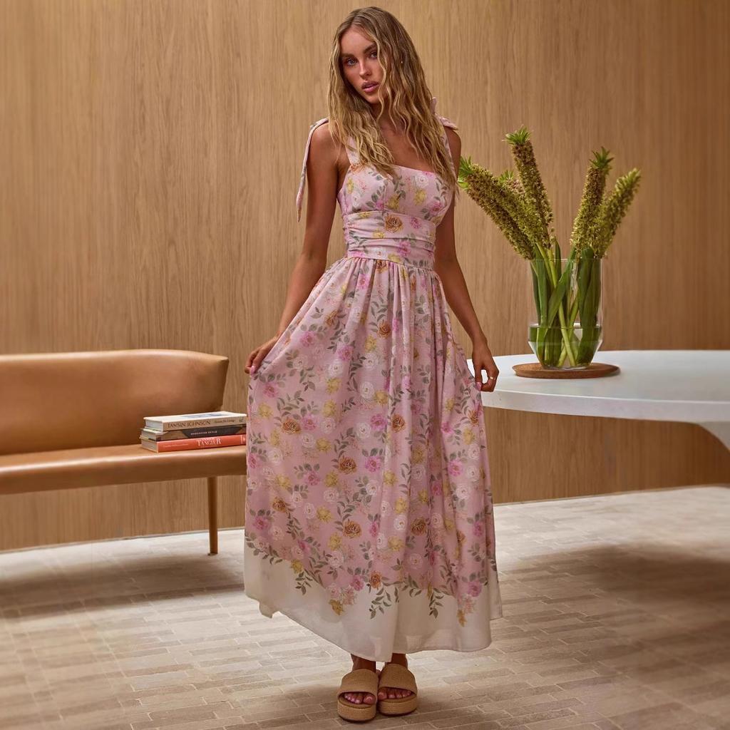 A New Summer Vacation Style French Floral Cinched-waist Slimming Color-block Halter Dress