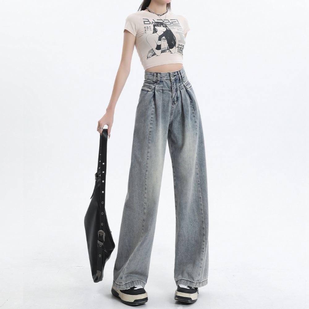 

Простые джинсы-плиссе для通勤, женские джинсы с высокой талией, новые свободные и универсальные джинсы широкого кроя на весну и осень 2XL