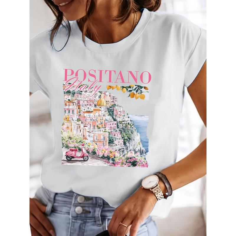 European size A Comfortable Short-Sleeve Round-Neck T-Shirt Featuring a Print of The Italian Coastline, Made from Soft Fabric