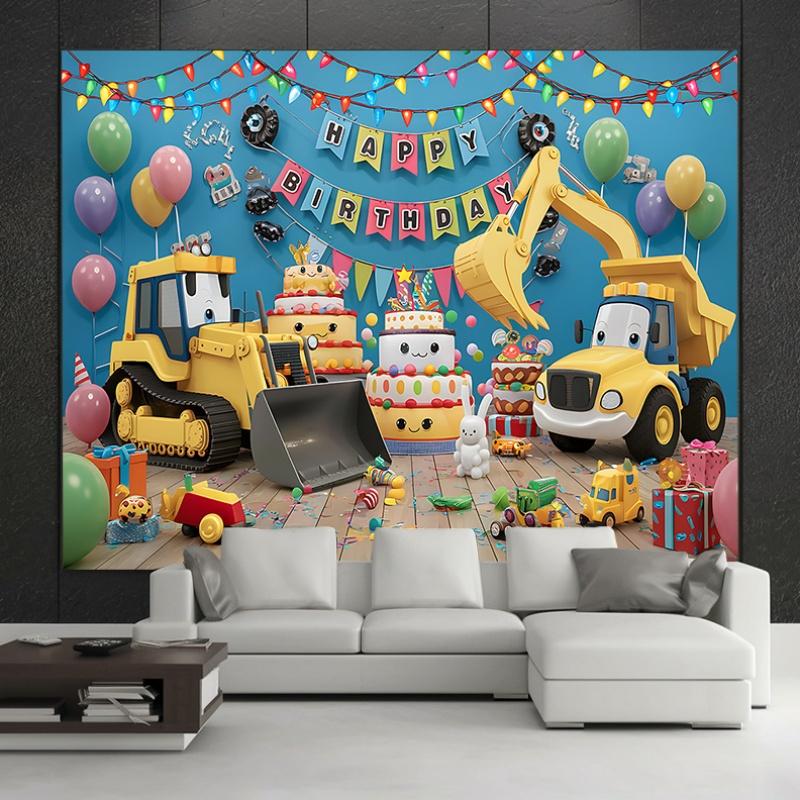 Party-Hintergrund BauLKW Gelber Bagger Luftballons Kuchen Verspielte Foto-Booth-Deko Geburtstagsparty-Deko