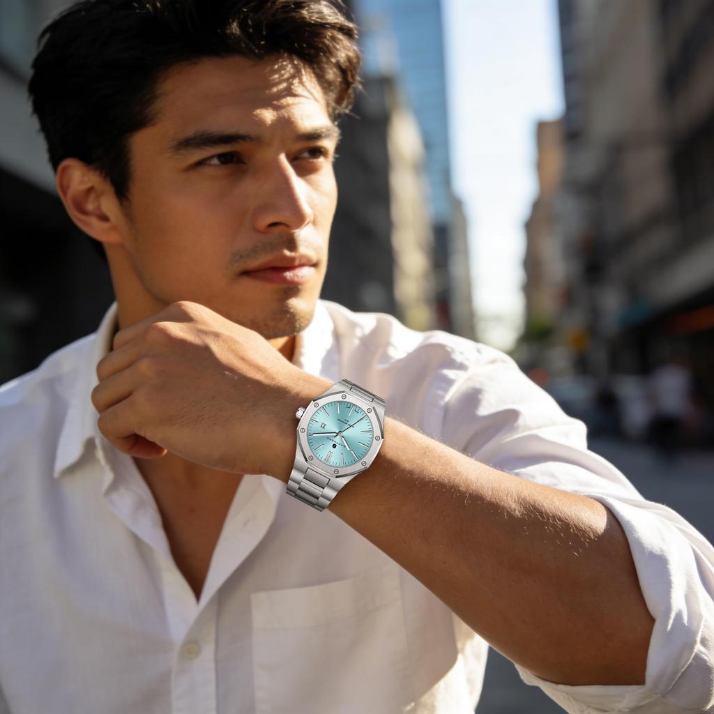 SAPPHERO Chronograph Stainless 50M Water Date Blue Men's Watch, Steel, Resistant, Stylish, Business, Quartz, Analog, Display, Silver/Ice