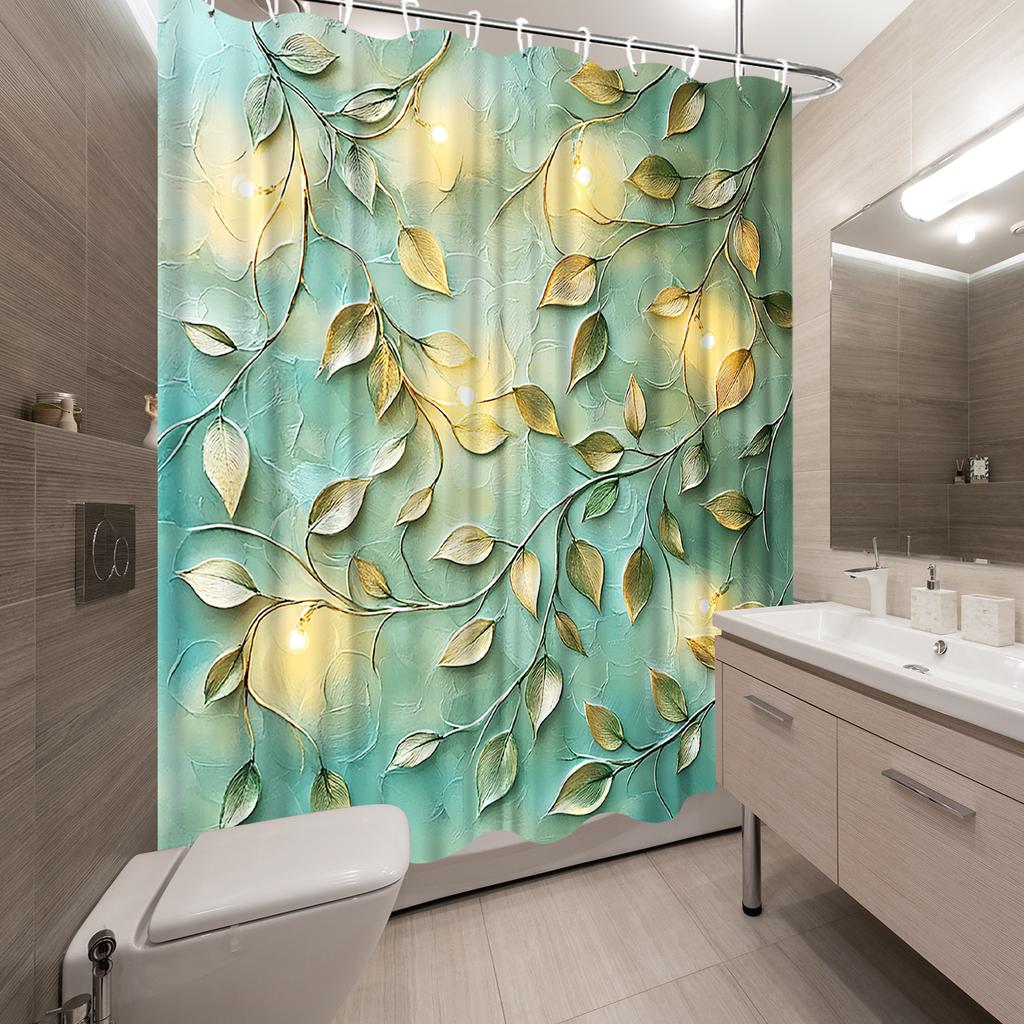 1pc Golden Branches Shower Curtain - Green & Yellow Leaves, Abstract Textured Design, Polyester Fabric,  Bathroom Decor