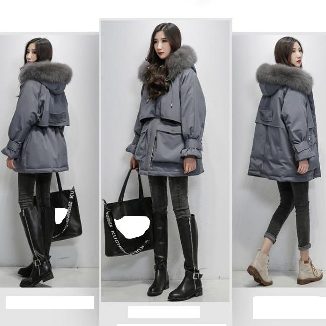 Women Winter Jacket Fur Collar Hooded Cotton Padded Coat Loose Warm Thicken Parka Fluffy Overcoat Snow Wear Outwear