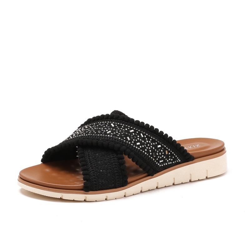 

Wedge heel slippers women s outer wear new embroidery pressure drill bohemian vacation cross belt sandals women 36 чёрный