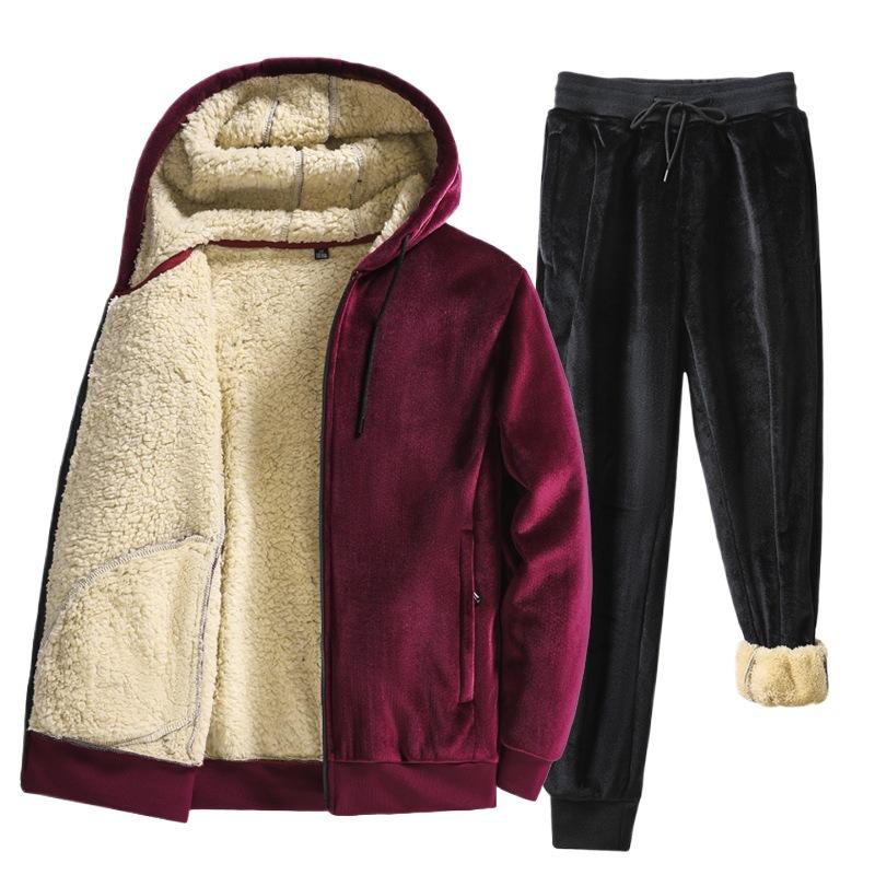 Set Parka Invernali in Lana Pile da Uomo Tute Calde Set Spesso Invernale Due Pezzi Tuta da Uomo Set Giacca con Cappuccio Pantaloni