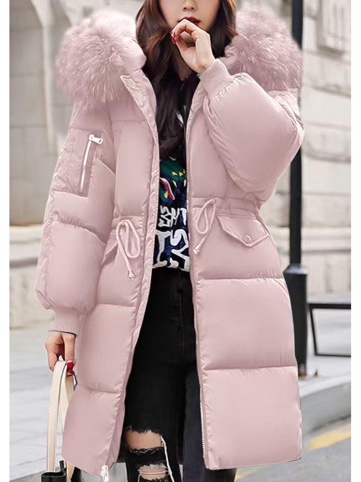 Women's Mid-Length Puffer Jacket with Large Fur Collar, 2025 Korean Style, Thickened Cotton Winter Coat, In Stock.