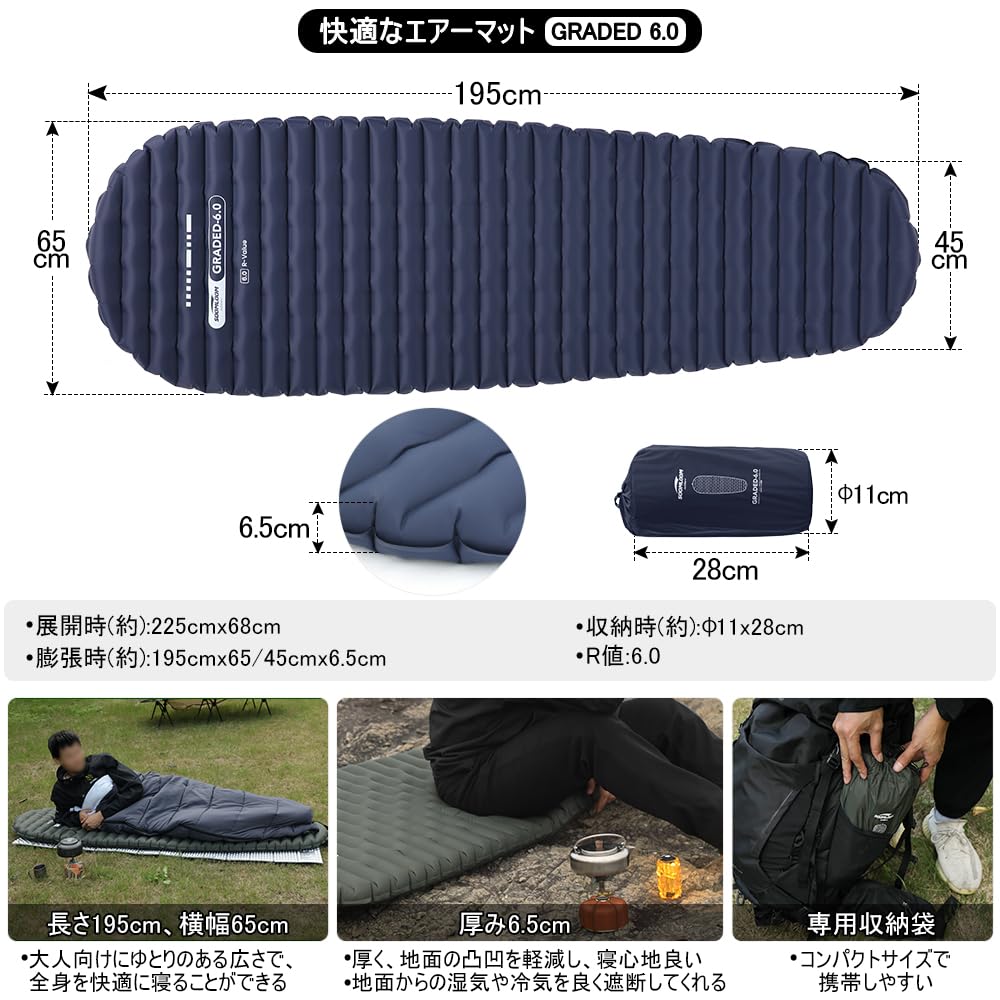 Soomloom BEWERTET 6.0 Camping-Luftmatratze R-Wert 6.0 Ultraleicht 600g mit Pumppacksack (Navy blau)