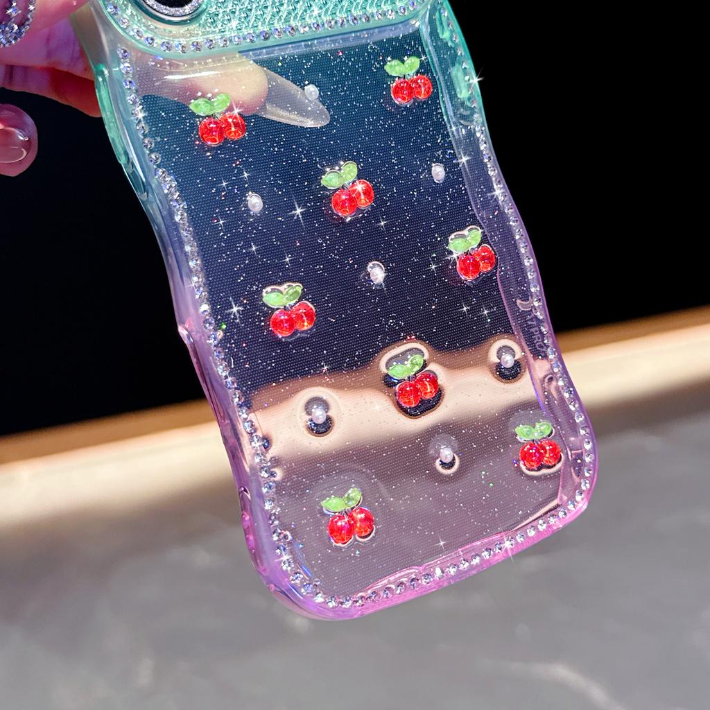 Glitter Cherry Gradient Colorful Flash Lens Film Protect Case for 17 Air 16 15 14 Plus 13 Pro Max Wavy Curly Edge Diamond Cover