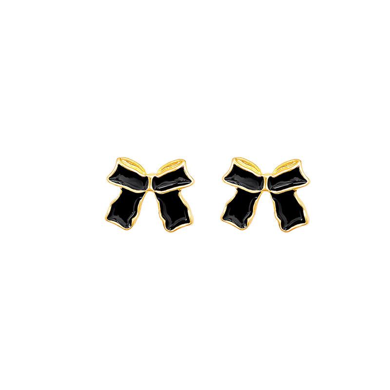 Silver needle French retro black bow stud earrings women's simple small versatile earrings high-end ear jewelry