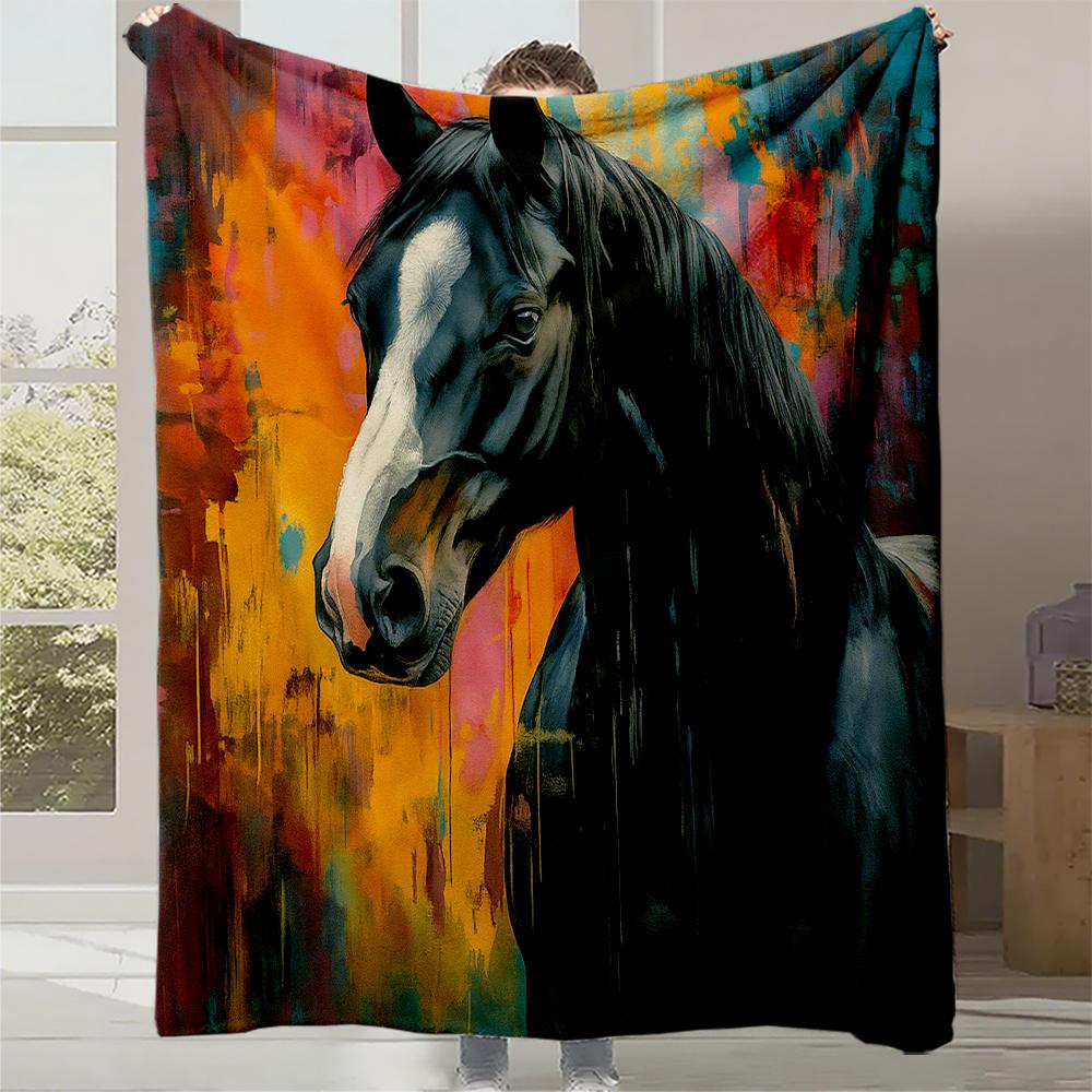 

1pc Abstract Galloping Horse Print Fleece Blanket - Thick Plush All-Season Bedspread with Black White Gray Blue Green Orange 130x150cm