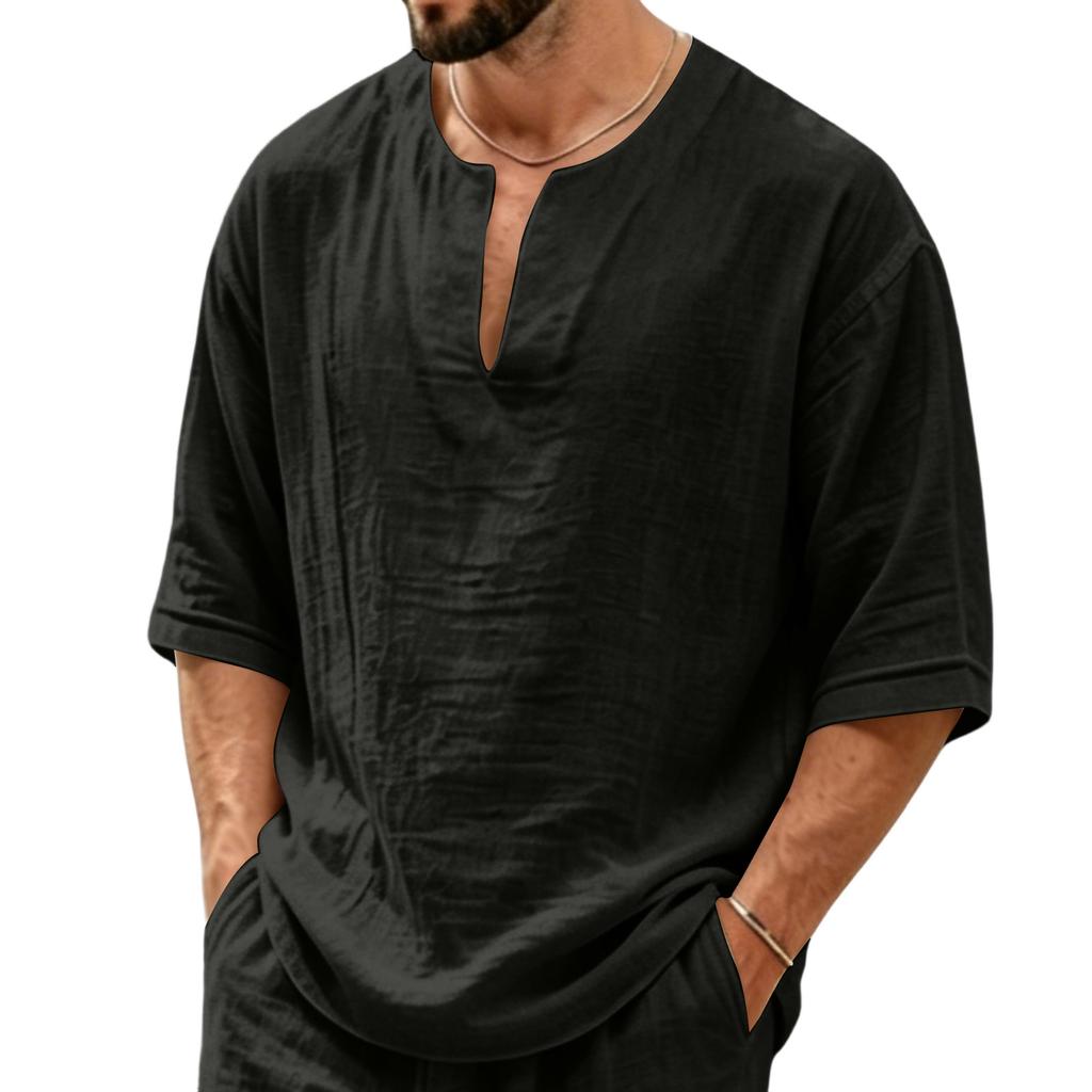 Camisa Casual de Lino para Hombre, Cuello en V, Manga Media, Corte Holgado, Tejido Ligero y Transpirable, Top de Verano