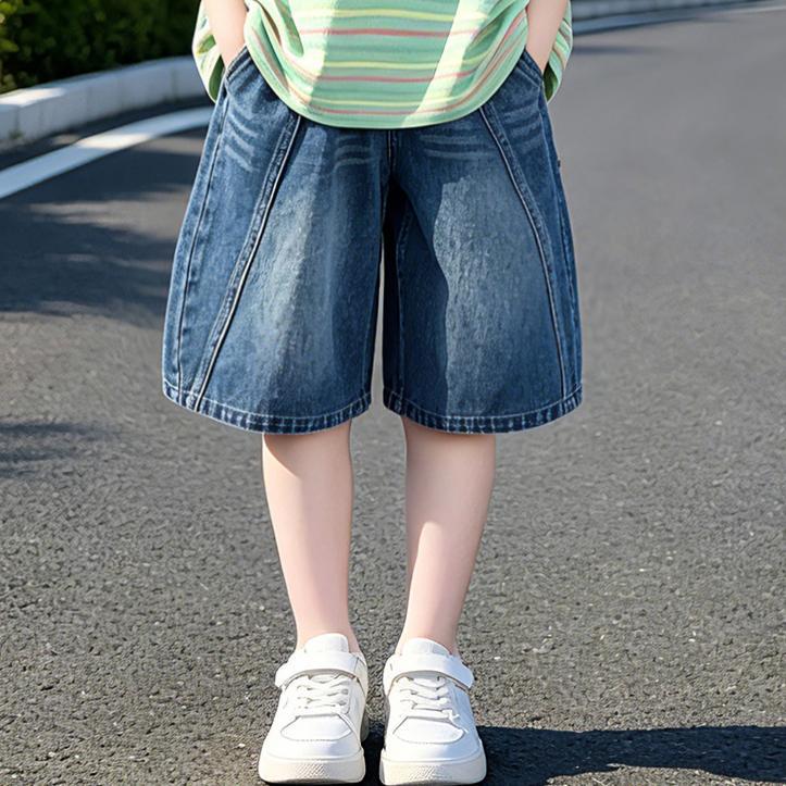 2026 Summer Striped Letter T-Shirt & Color Block Jean Shorts Set for Girls