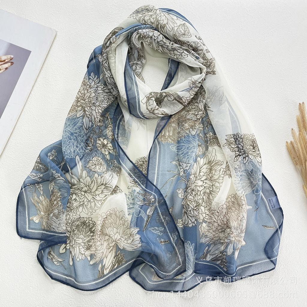 Neuer Sonnenschutz Langer Seidenschal Mohnblume Dünne Imitationsseide Frühling und Sommer Georgette Dekoration Damen Bedruckter Schal