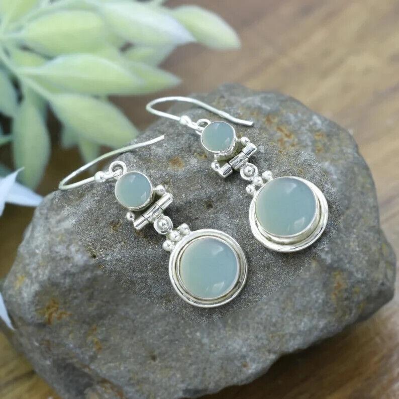 Round Natural Aqua Chalcedony Earrings, Handmade Silver Earrings