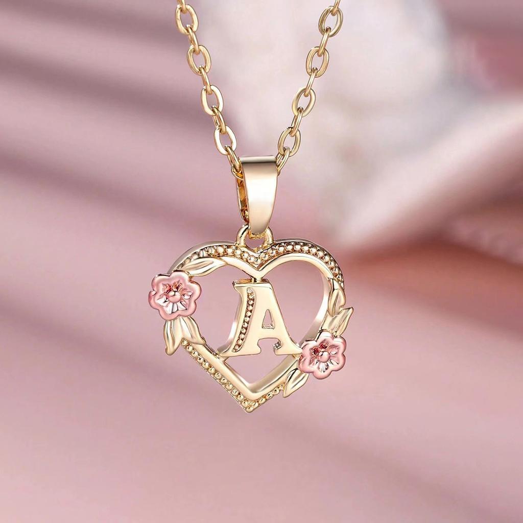 1 Pc Golden Color 26 English Letter Heart Necklace Rose Flower Pendant Wedding Band Jewelry Valentine's Day Gift